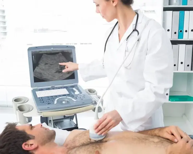 Echocardiogram cardiologist examining live cardiac ultrasound images on a monitor in The Woodlands, TX