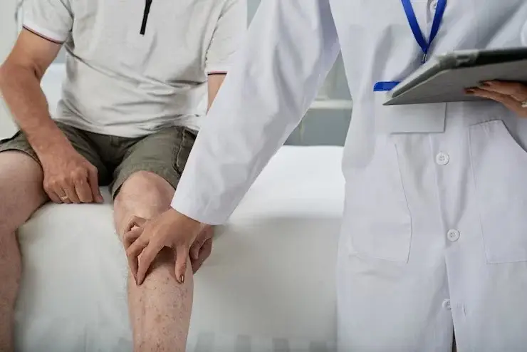 Dr. Fernandes, a vein specialist in The Woodlands, examining a patient's leg for varicose veins